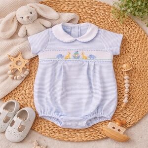 Petit Bebe 18M Smocked Noah’s Ark Bubble Romper Blue Stripe Classic Boutique